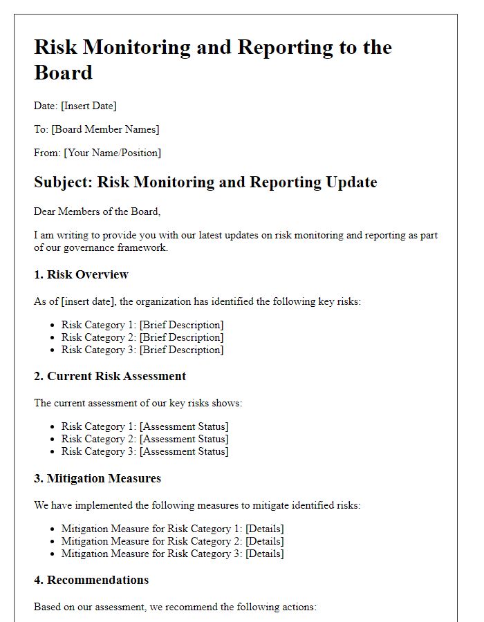 Letter template of risk monitoring and reporting for board governance.