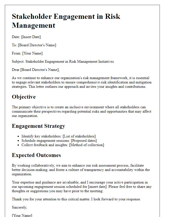 Letter template of stakeholder engagement in risk management for board directors.