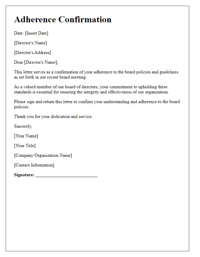 Letter template of board director adherence confirmation