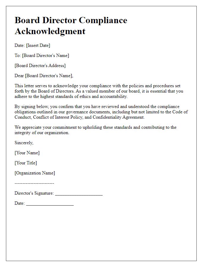 Letter template of board director compliance acknowledgment