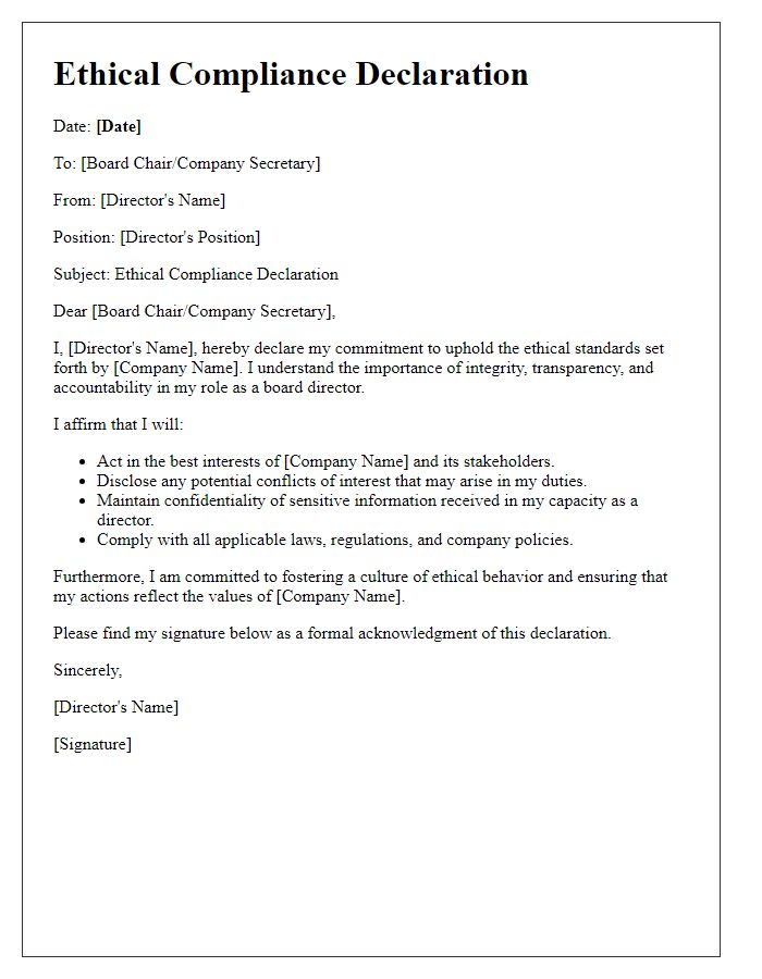 Letter template of board director ethical compliance declaration