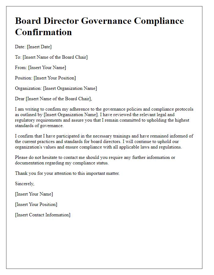 Letter template of board director governance compliance confirmation