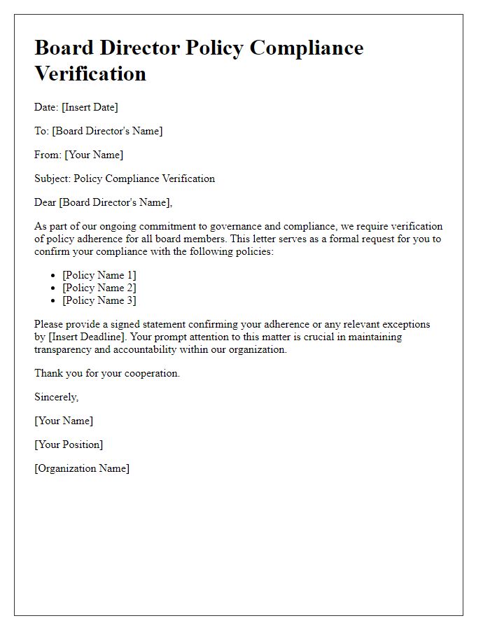 Letter template of board director policy compliance verification