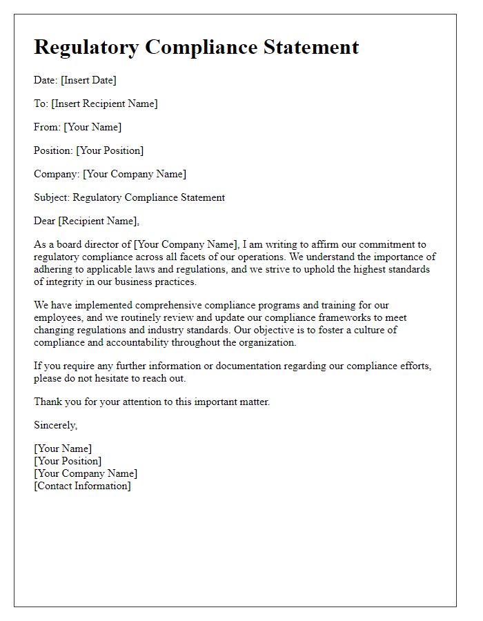 Letter template of board director regulatory compliance statement