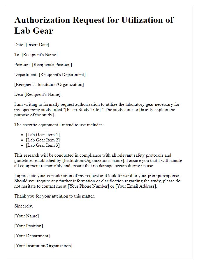 Letter template of authorization request for utilizing lab gear in a study.