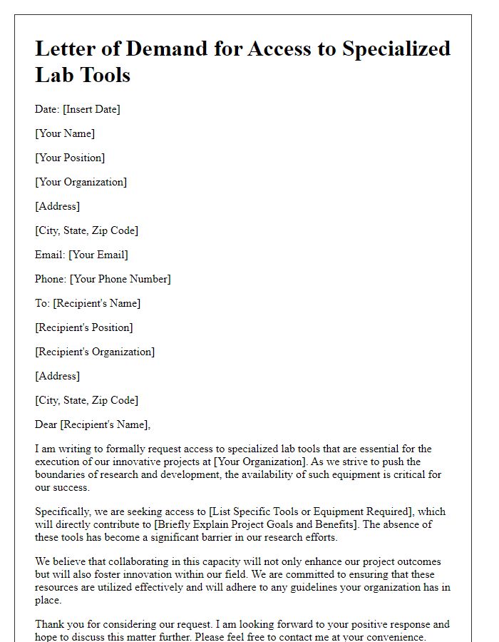 Letter template of demand for access to specialized lab tools for innovative projects.