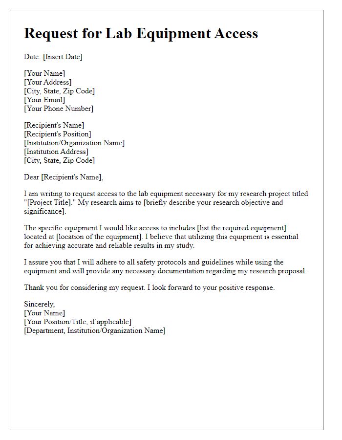 Letter template of request for lab equipment access for research purposes.