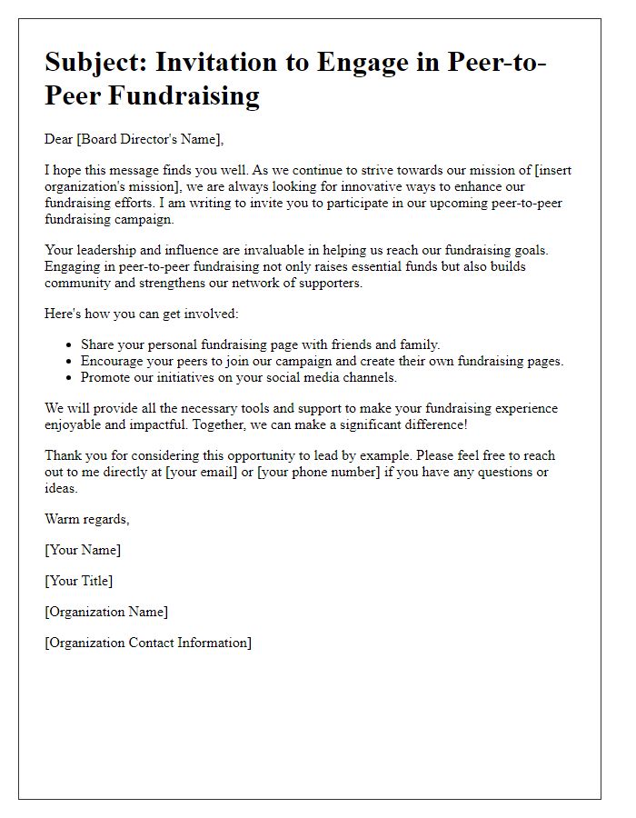 Letter template of appeal for board directors to engage in peer-to-peer fundraising.