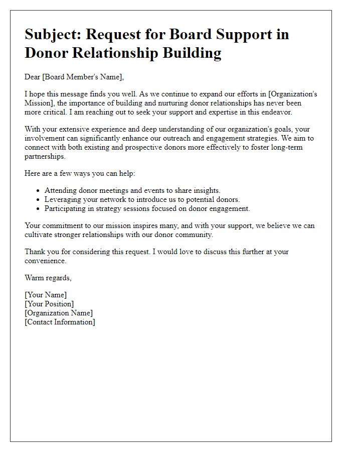 Letter template of appeal for board support in building donor relationships.