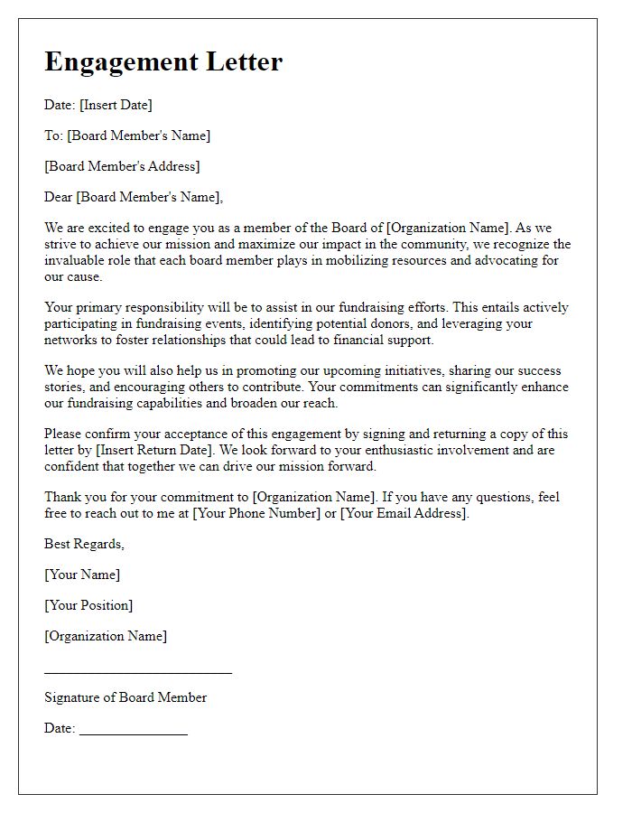 Letter template of engagement letter for board members to mobilize fundraising efforts.