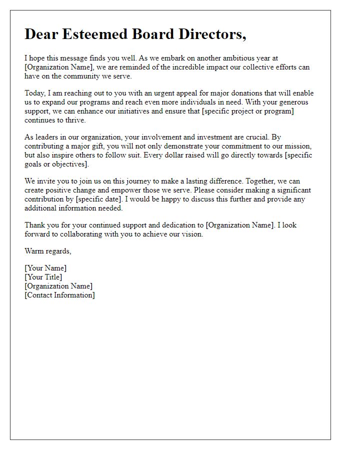 Letter template of fundraising appeal to board directors for major donations.