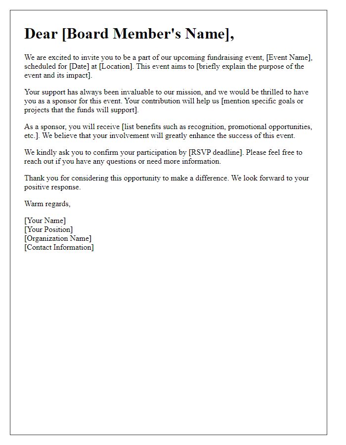 Letter template of fundraising invitation to board members for event sponsorship.