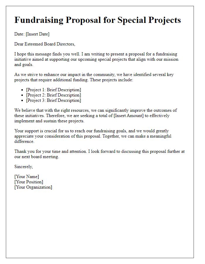 Letter template of fundraising proposal addressing board directors for special projects.