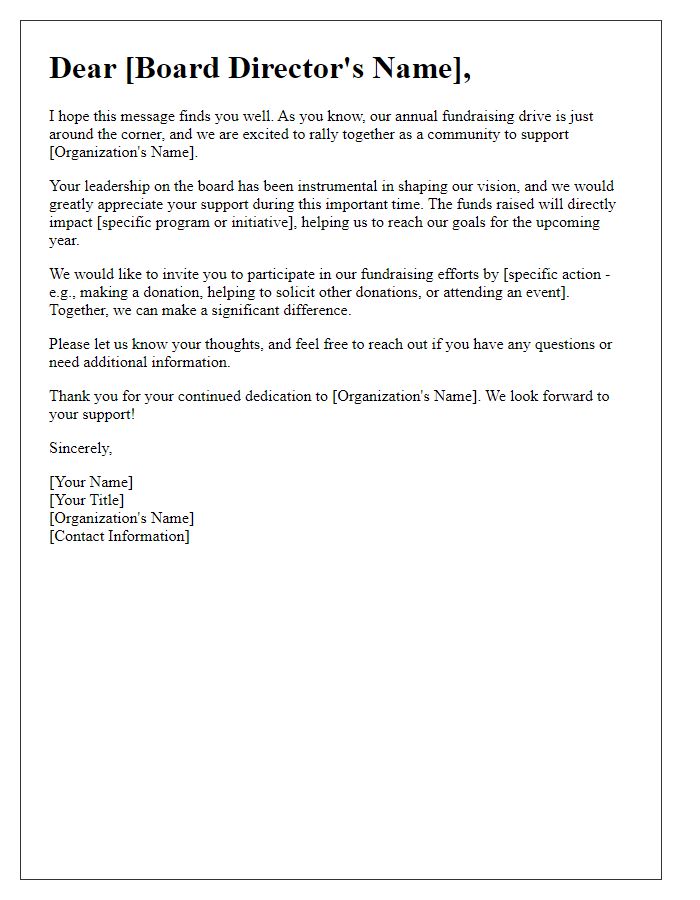 Letter template of outreach to board directors for annual fundraising drive.