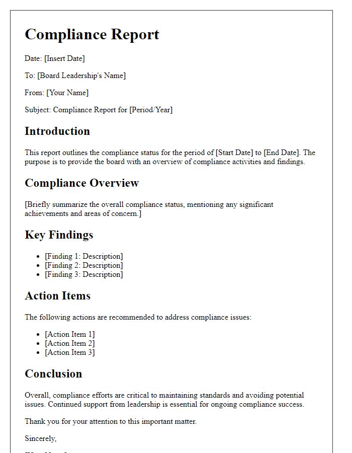 Letter template of compliance report for board leadership