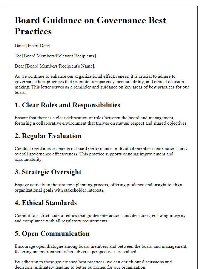 Letter template of governance best practices for board guidance