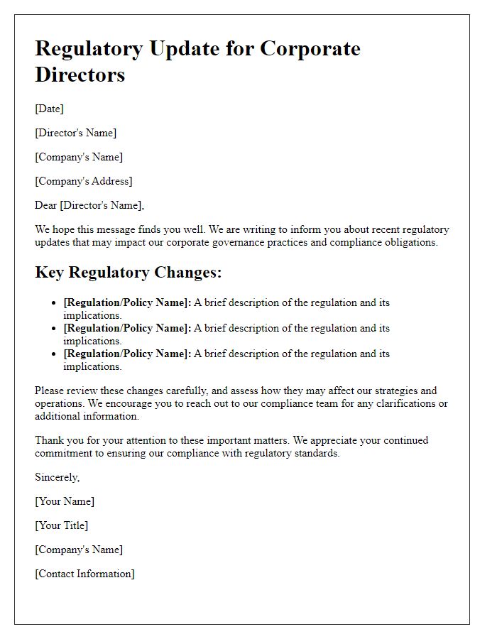 Letter template of regulatory update for corporate directors