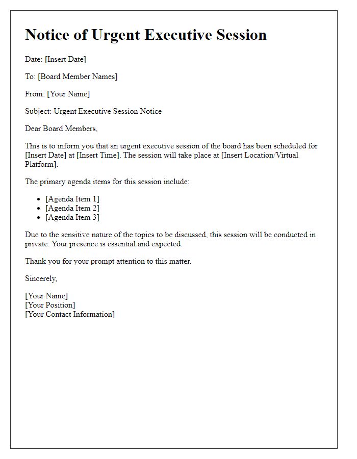 Letter template of urgent board executive session notice