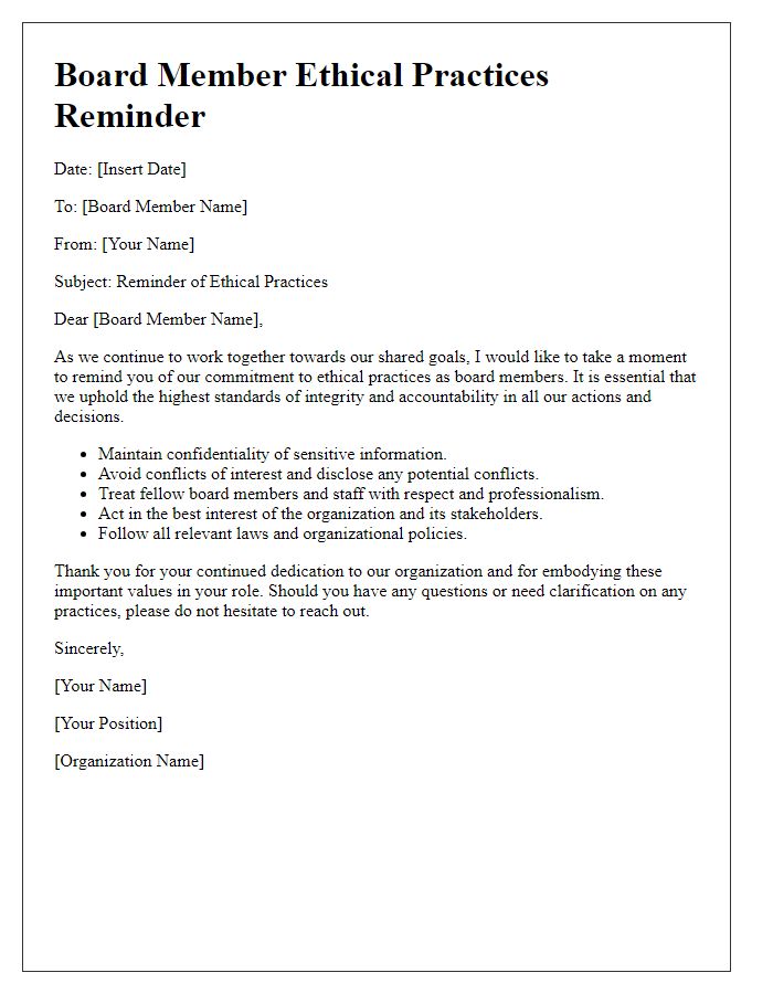 Letter template of Board Member Ethical Practices Reminder