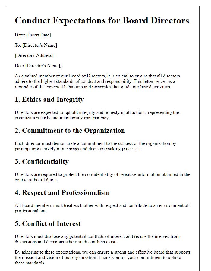 Letter template of Conduct Expectations for Board Directors