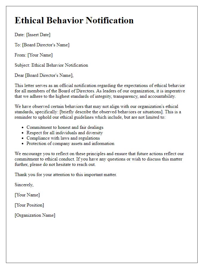 Letter template of Ethical Behavior Notification for Board Directors