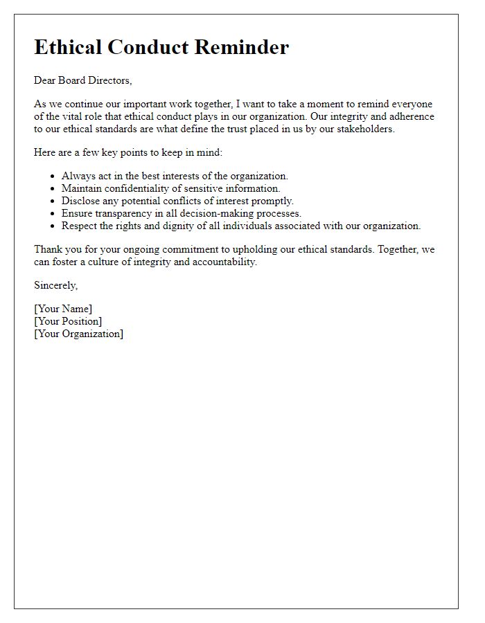 Letter template of Ethical Conduct Reminder for Board Directors