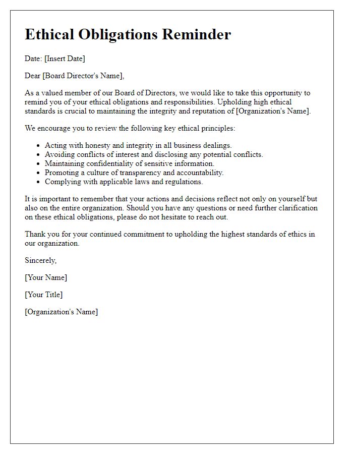 Letter template of Ethical Obligations Reminder for Board Directors