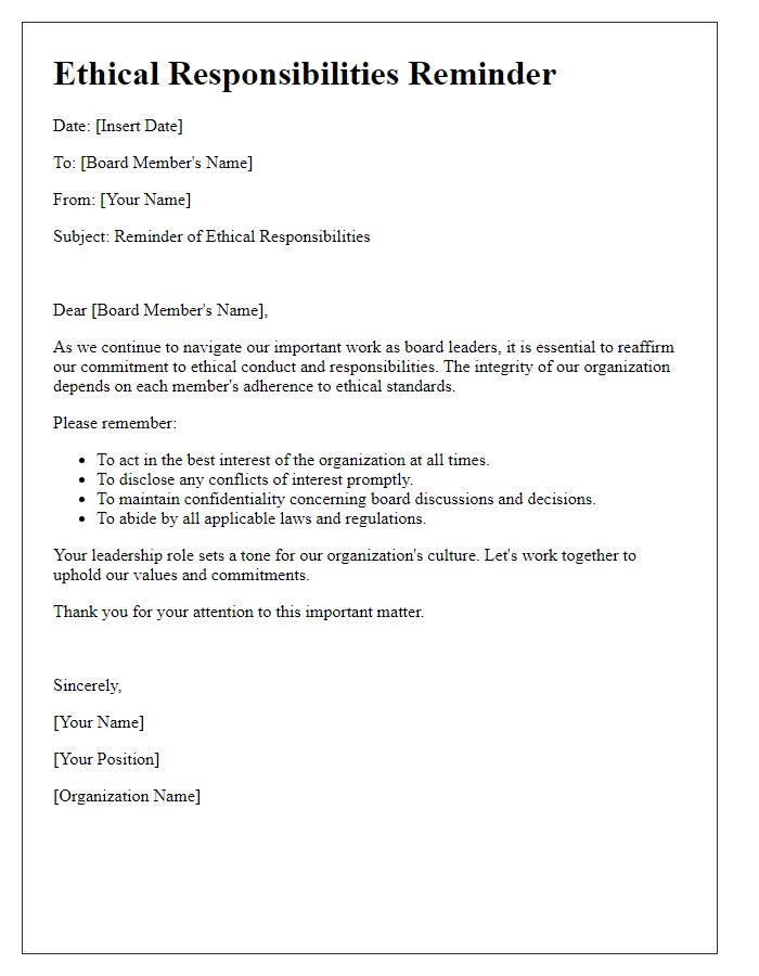 Letter template of Ethical Responsibilities Reminder for Board Leadership