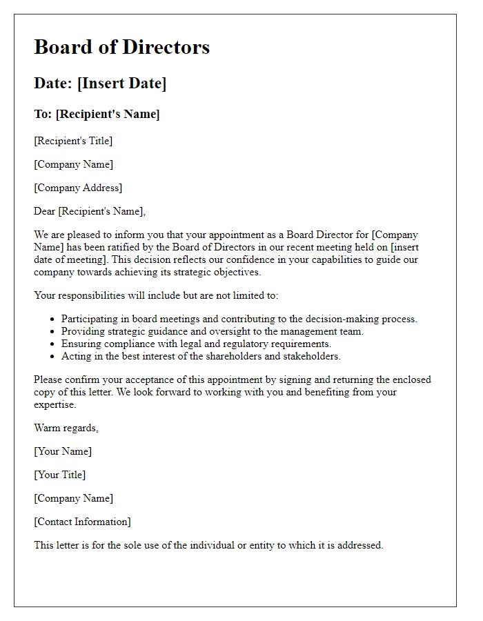 Letter template of board director job position ratification.