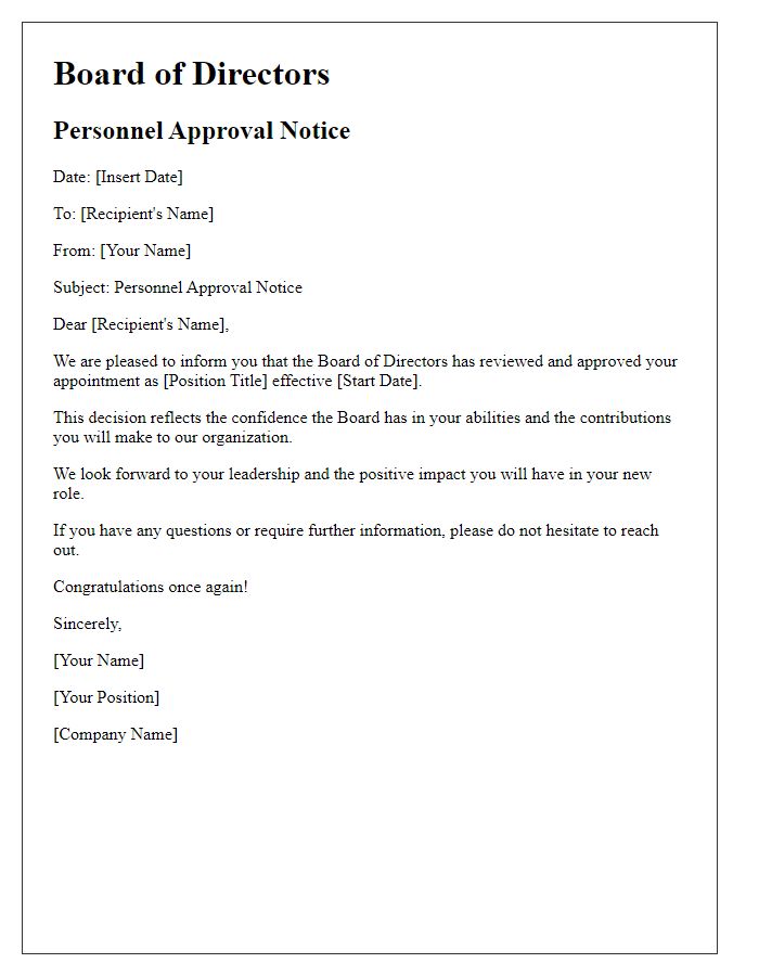 Letter template of board director personnel approval notice.