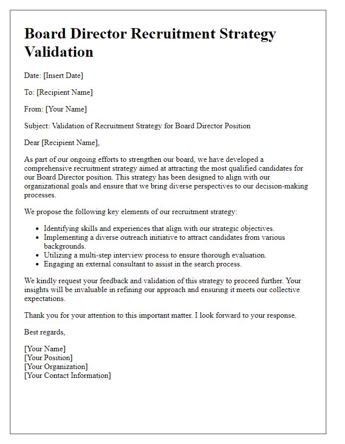 Letter template of board director recruitment strategy validation.