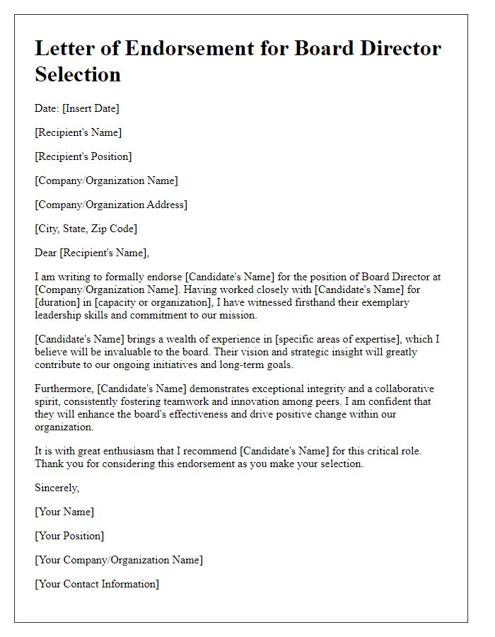 Letter template of board director selection endorsement.