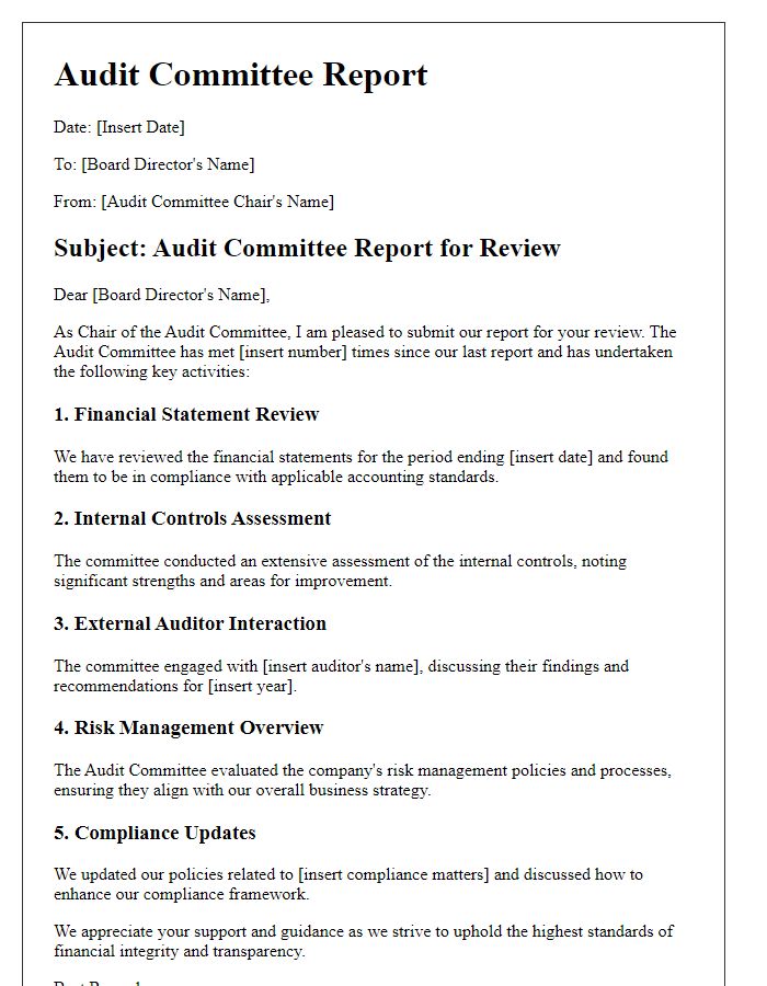 Letter template of audit committee report for board director review