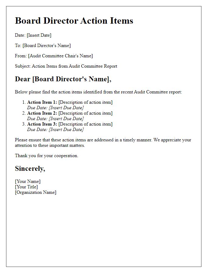 Letter template of board director action items from audit committee report