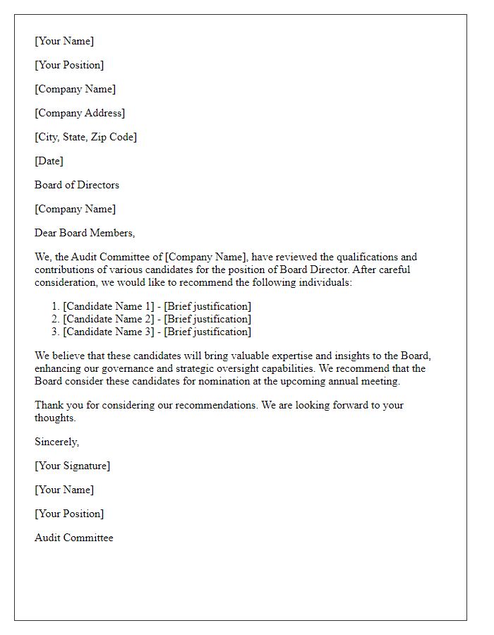 Letter template of board director recommendations from audit committee