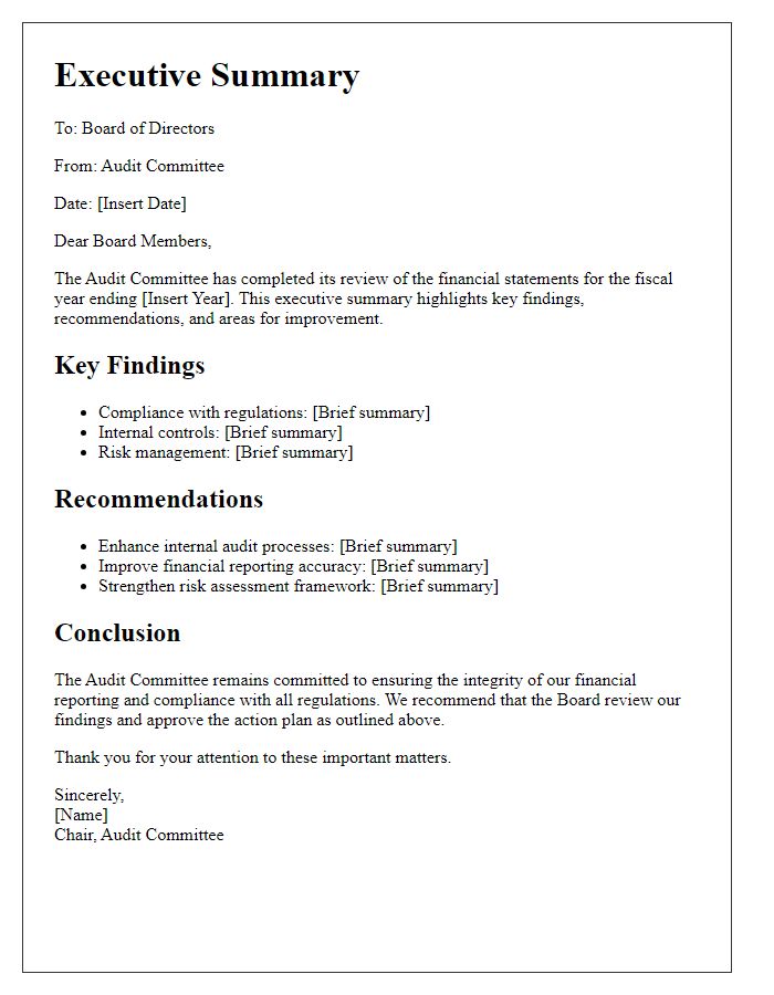 Letter template of executive summary from audit committee for board directors