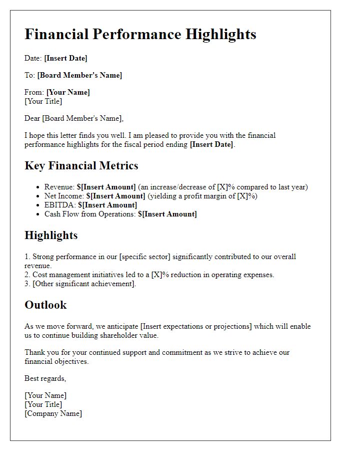 Letter template of board director financial performance highlights.