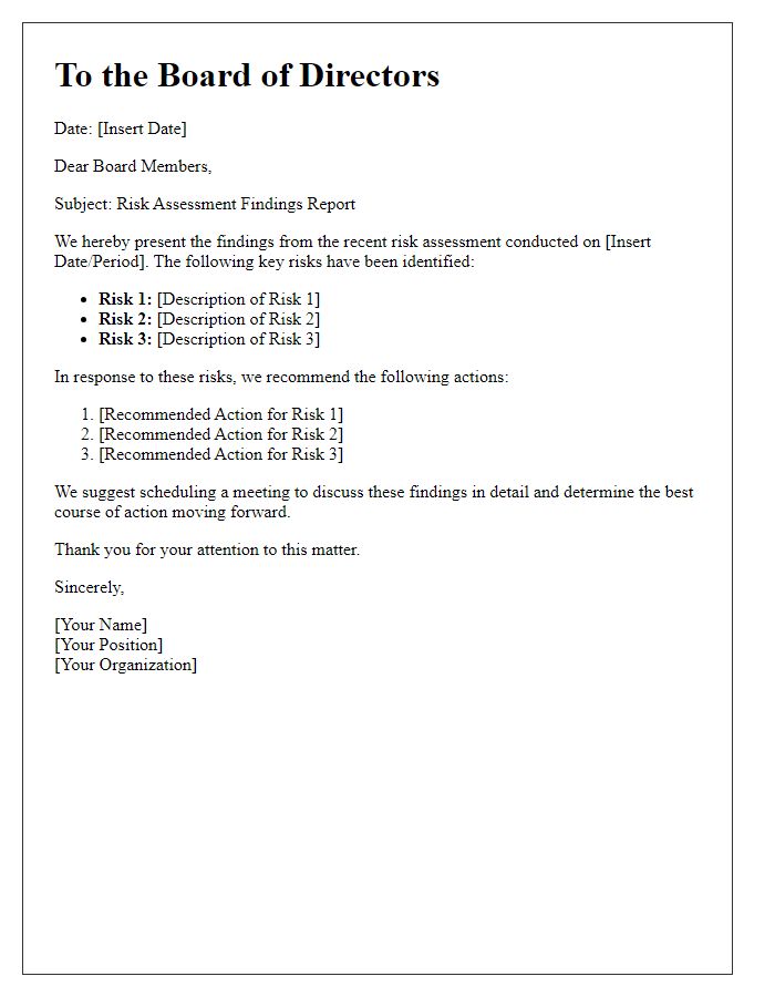 Letter template of board director risk assessment findings.