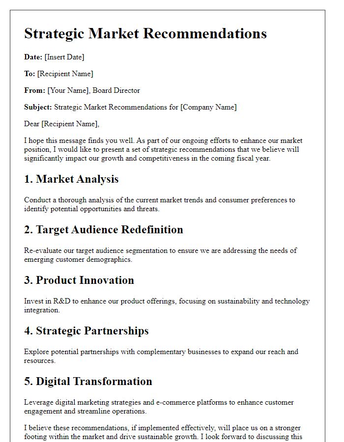 Letter template of board director strategic market recommendations.