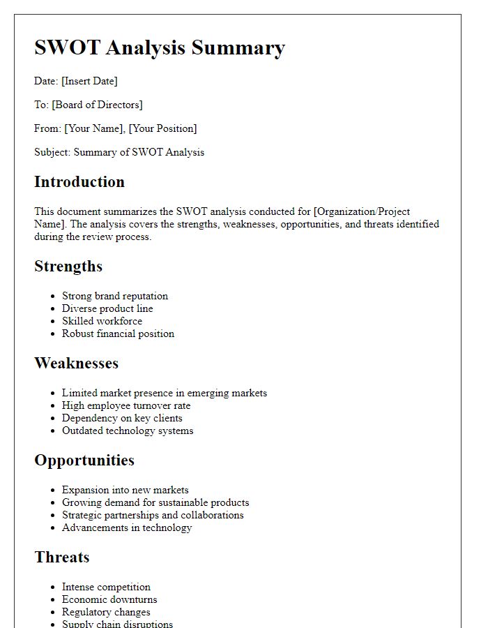 Letter template of board director SWOT analysis summary.