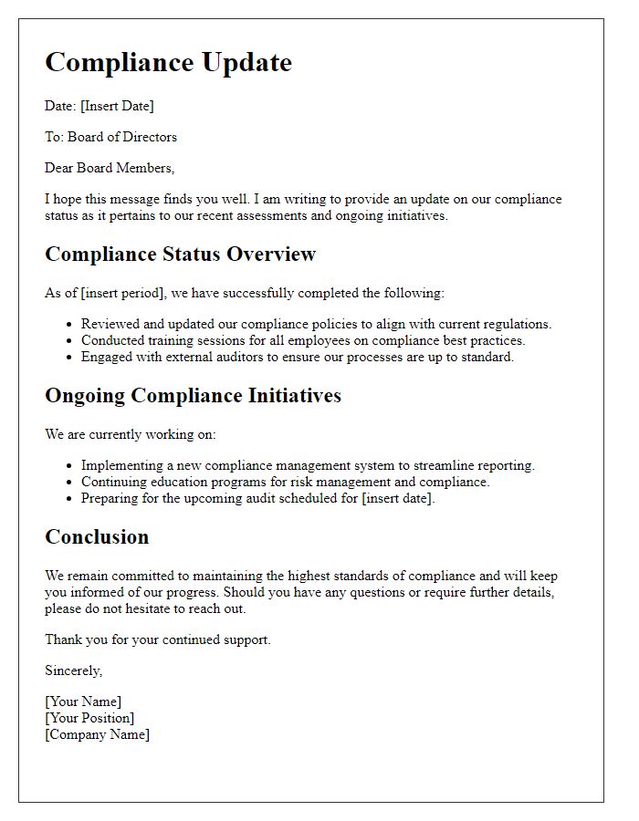 Letter template of compliance update for board directors