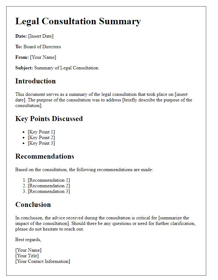 Letter template of legal consultation summary for board directors