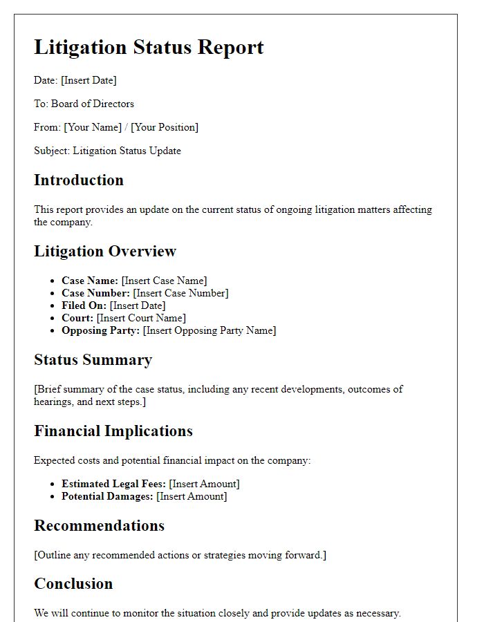 Letter template of litigation status report for board directors