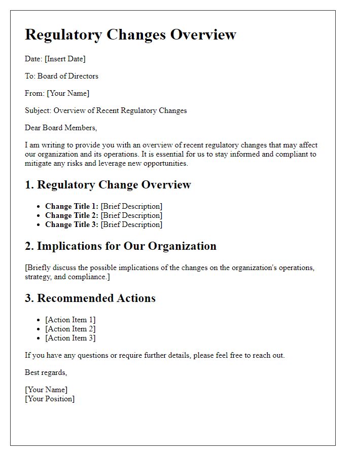 Letter template of regulatory changes overview for board directors