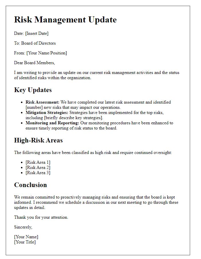 Letter template of risk management update for board directors