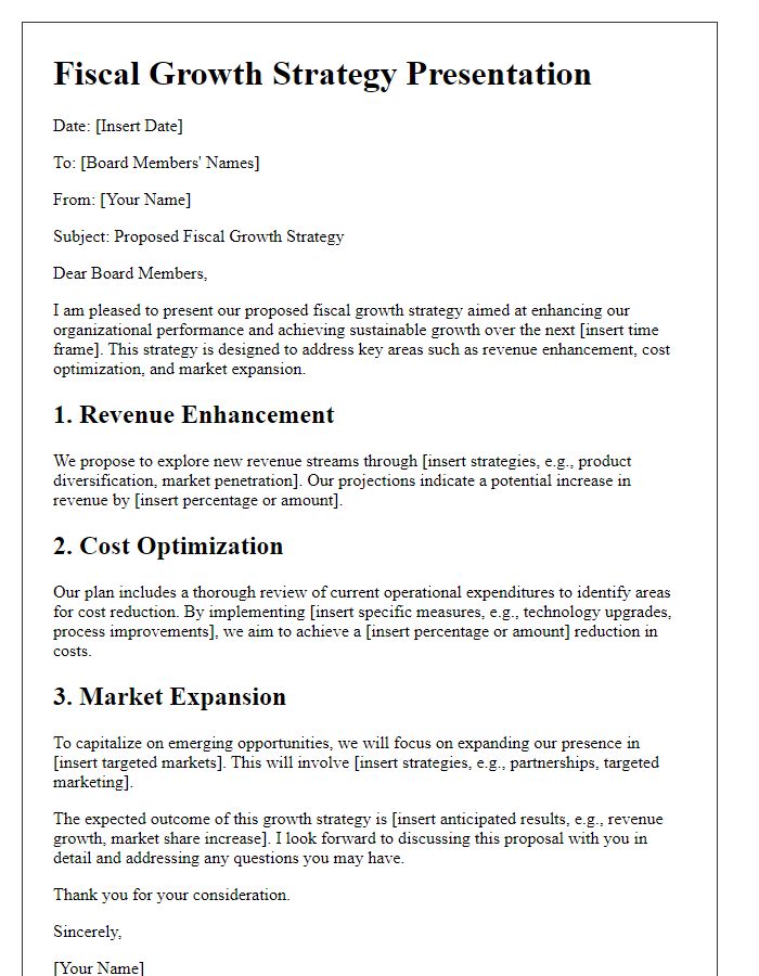 Letter template of fiscal growth strategy for board presentations