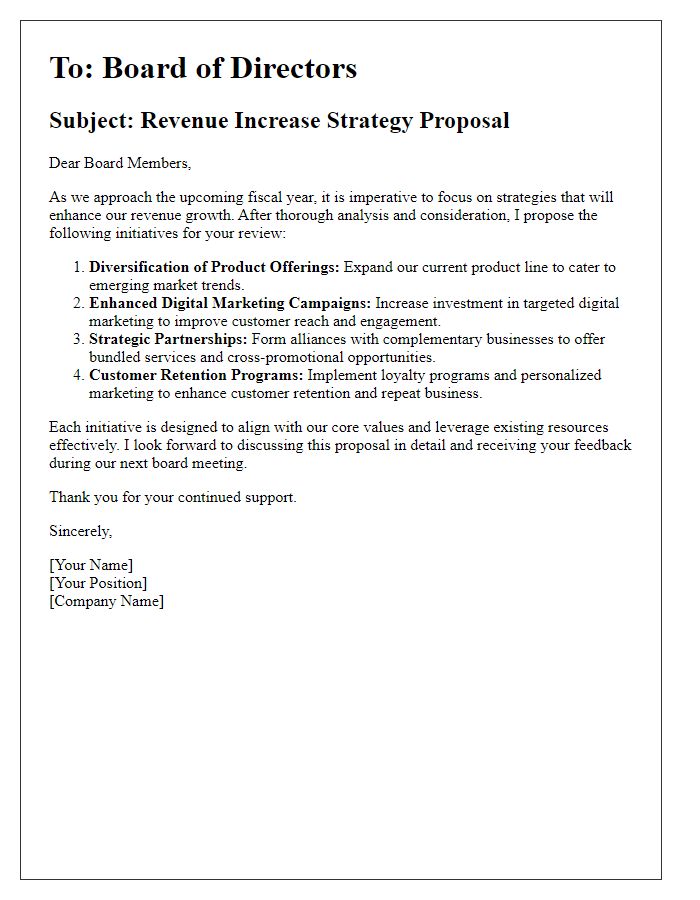 Letter template of revenue increase strategy for board review