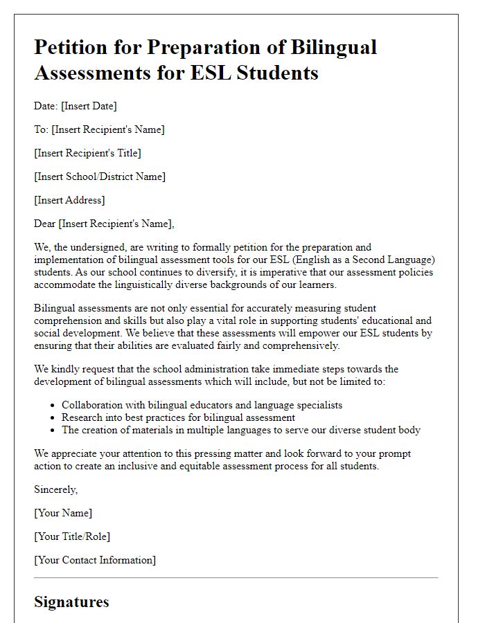 Letter template of petition for preparation of bilingual assessments for ESL students.