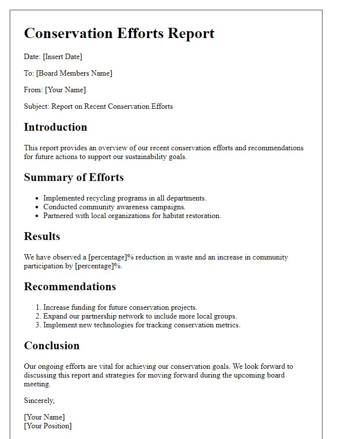 Letter template of conservation efforts report for board discussion