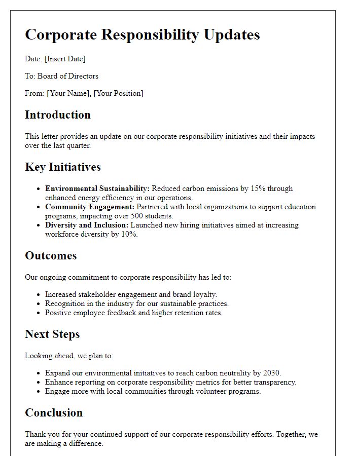 Letter template of corporate responsibility updates for board presentation